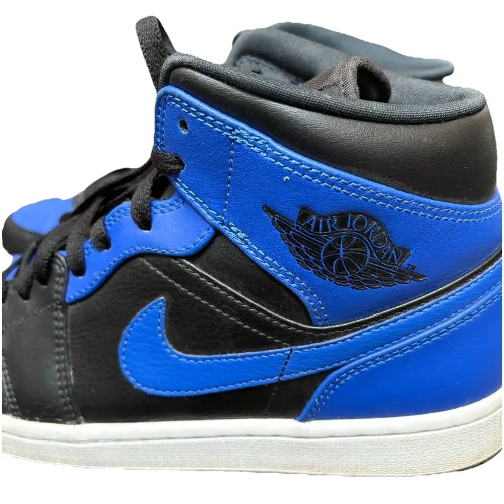 Nike Air Jordan 1 Mid Black Royal Tumbled Leather Mens 10 Shoes 554724-077 Box